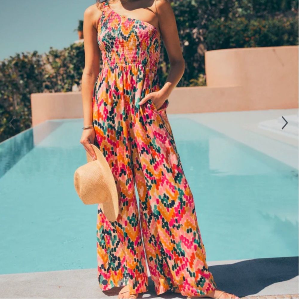 Nwt marine layer archive Tessa jumpsuit bright watercolor one shoulder ruched